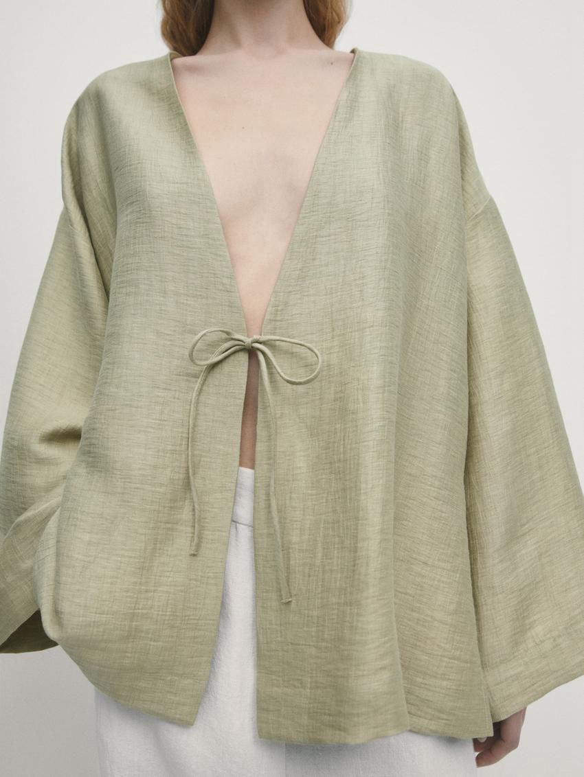 Massimo Dutti Linen Blend Kimono With Tie Detail Women Blouse Light Green | US-TJ3084126