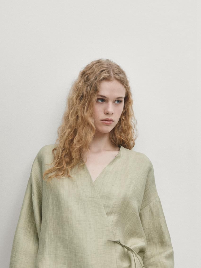 Massimo Dutti Linen Blend Kimono With Tie Detail Women Blouse Light Green | US-TJ3084126