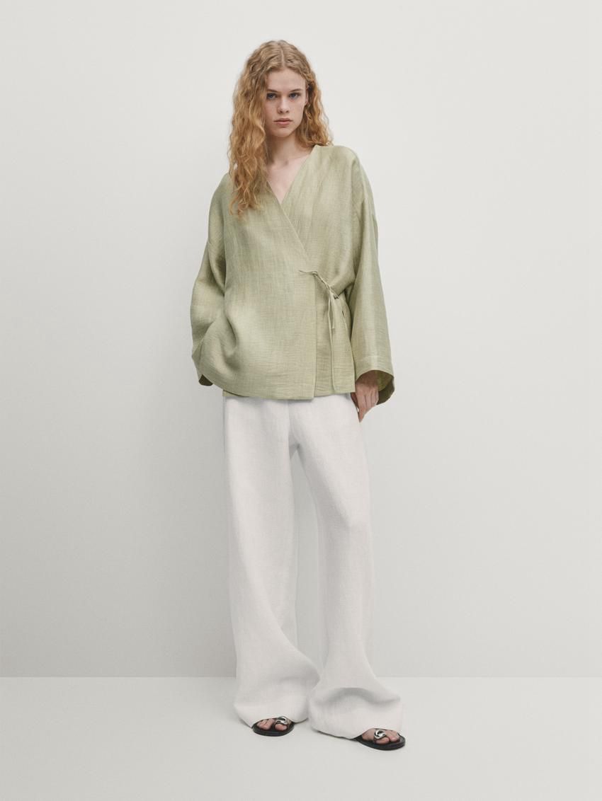 Massimo Dutti Linen Blend Kimono With Tie Detail Women Blouse Light Green | US-TJ3084126
