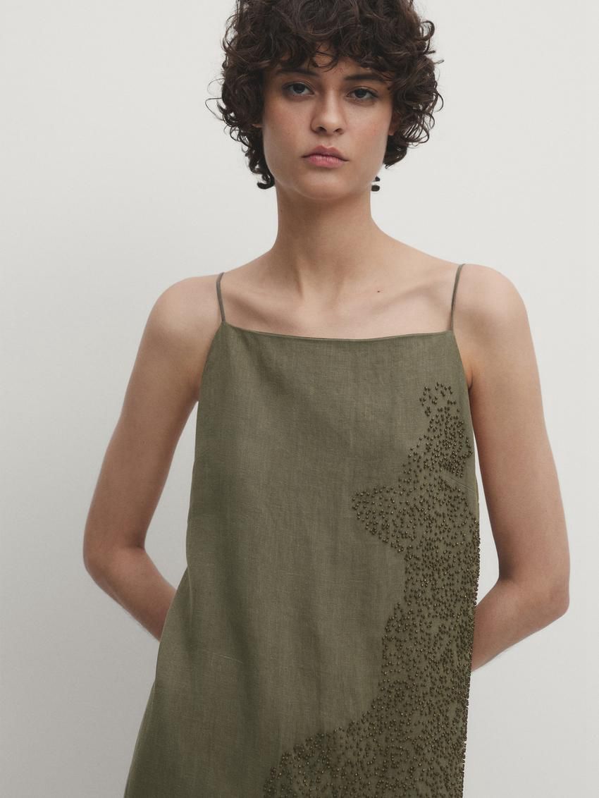 Massimo Dutti Linen Blend Midi With Embroidery Detail Women Dress Green | US-AR8142675