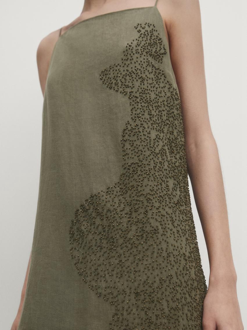 Massimo Dutti Linen Blend Midi With Embroidery Detail Women Dress Green | US-AR8142675