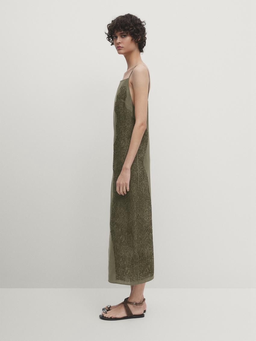 Massimo Dutti Linen Blend Midi With Embroidery Detail Women Dress Green | US-AR8142675