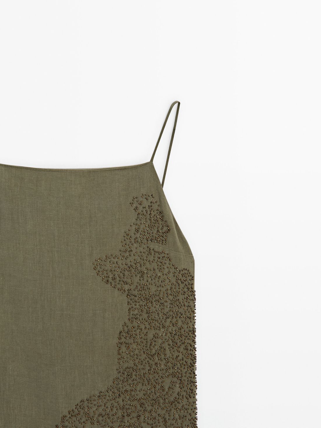 Massimo Dutti Linen Blend Midi With Embroidery Detail Women Dress Green | US-AR8142675