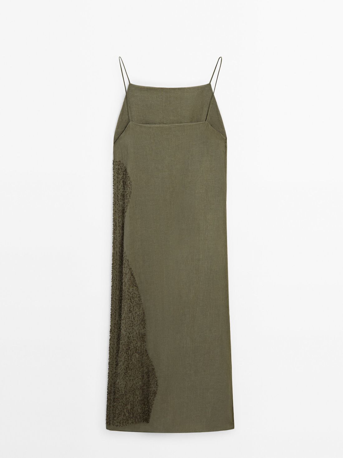 Massimo Dutti Linen Blend Midi With Embroidery Detail Women Dress Green | US-AR8142675