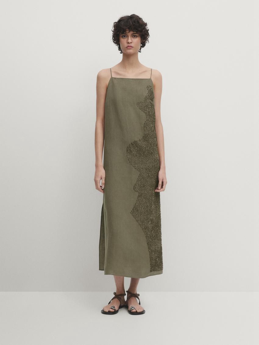 Massimo Dutti Linen Blend Midi With Embroidery Detail Women Dress Green | US-AR8142675