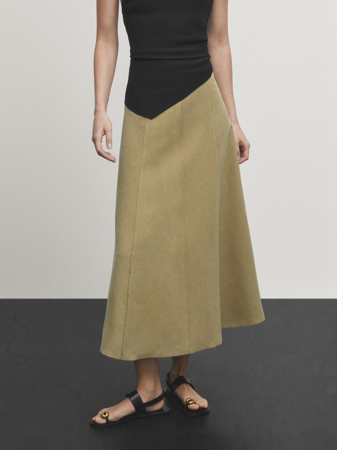 Massimo Dutti Linen Blend Midi With Seam Details Women Skirts Green | US-WT6785291