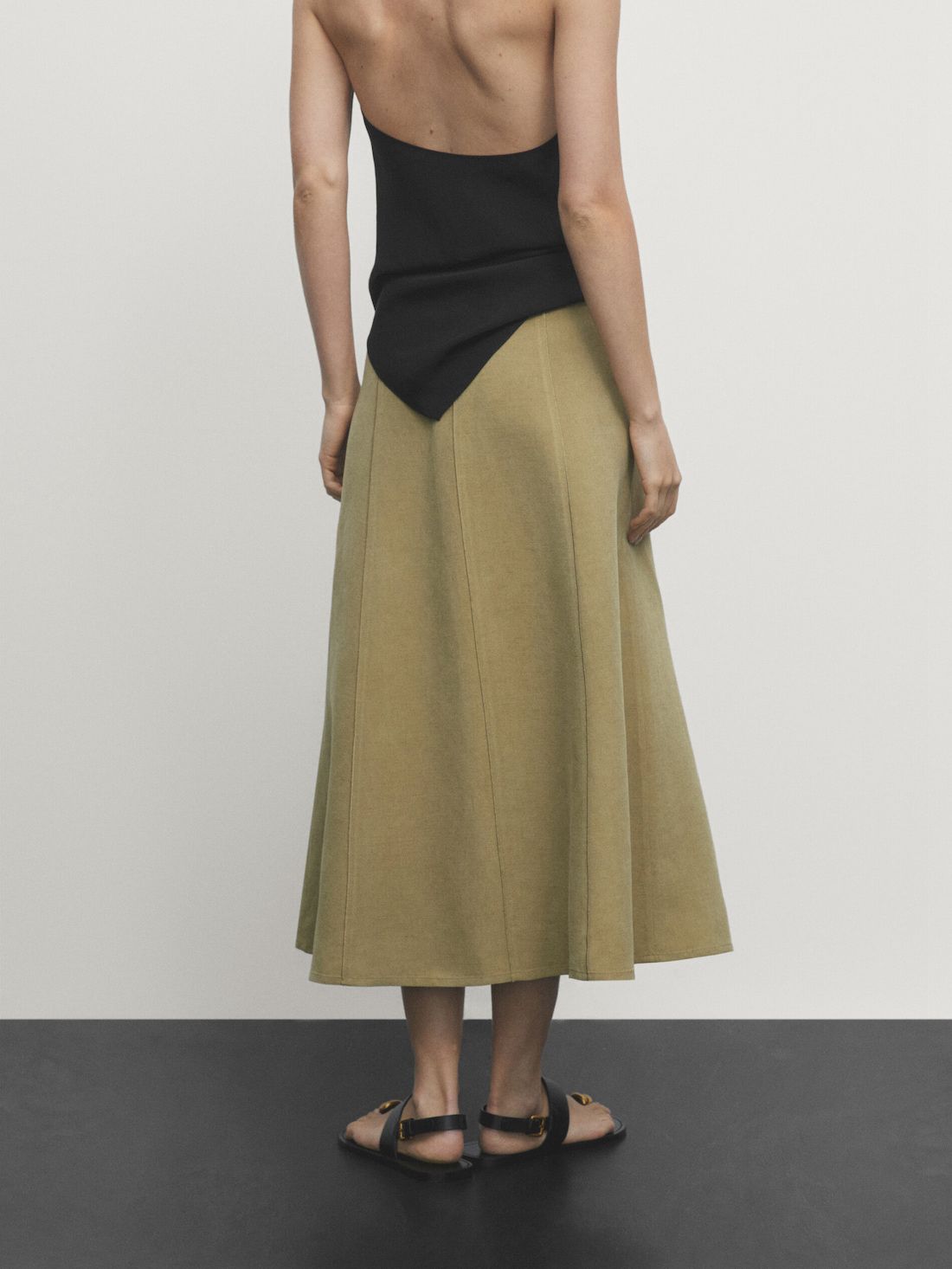 Massimo Dutti Linen Blend Midi With Seam Details Women Skirts Green | US-WT6785291