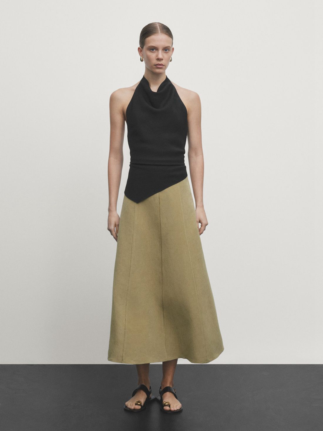 Massimo Dutti Linen Blend Midi With Seam Details Women Skirts Green | US-WT6785291