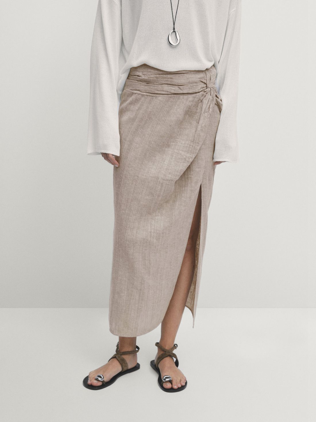 Massimo Dutti Linen Blend Midi With Slit Detail Women Skirts Beige | US-OZ1957064