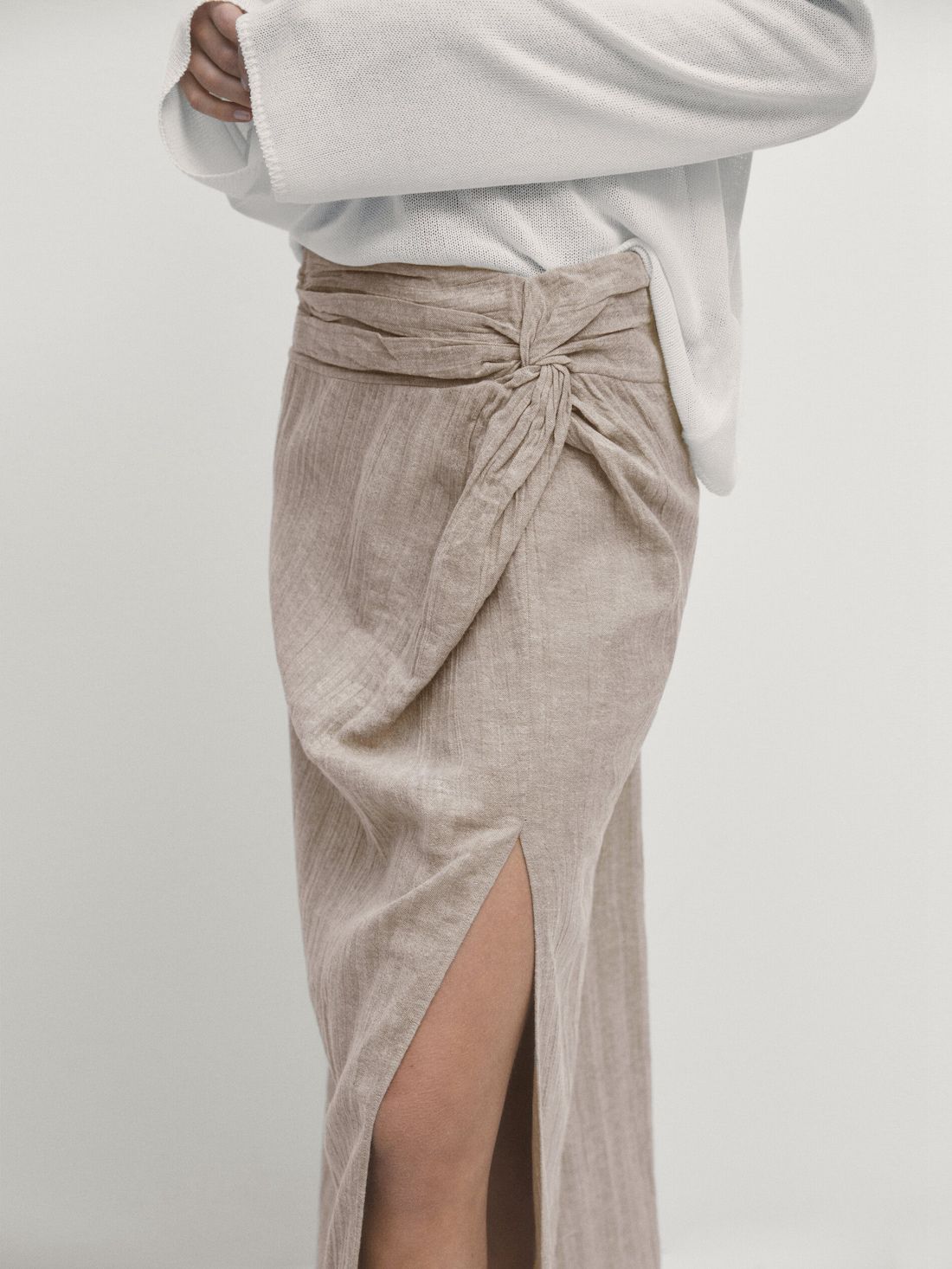 Massimo Dutti Linen Blend Midi With Slit Detail Women Skirts Beige | US-OZ1957064