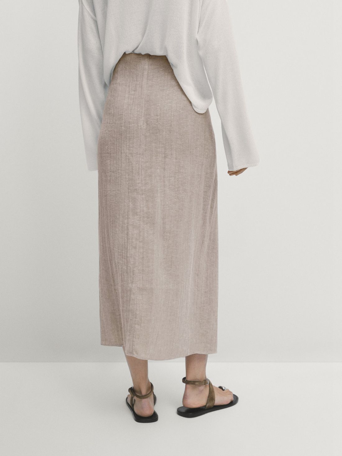 Massimo Dutti Linen Blend Midi With Slit Detail Women Skirts Beige | US-OZ1957064