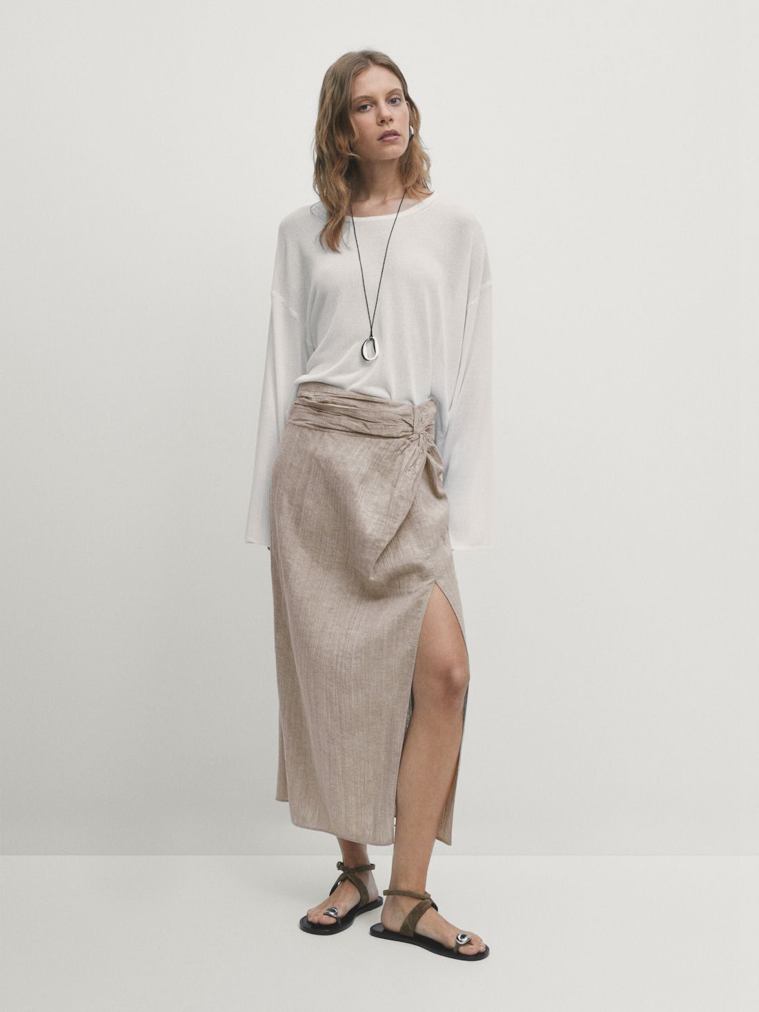 Massimo Dutti Linen Blend Midi With Slit Detail Women Skirts Beige | US-OZ1957064