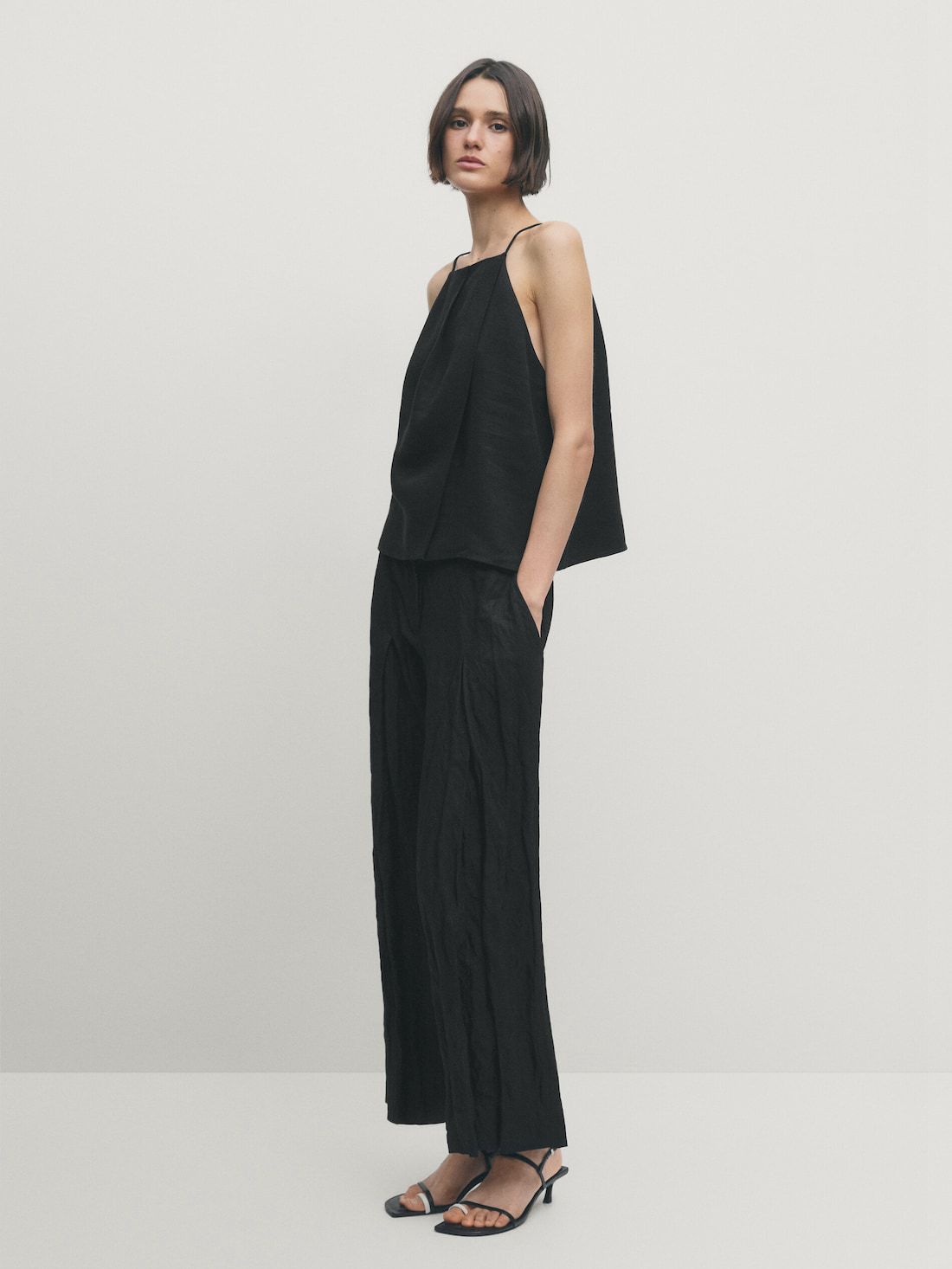 Massimo Dutti Linen Blend Strappy Women Top Black | US-NF4936250