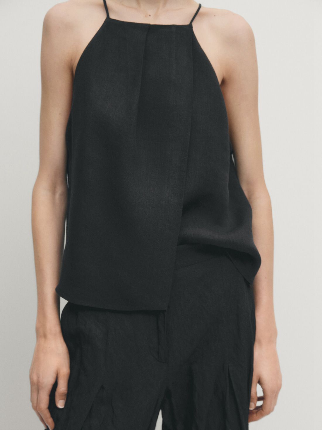 Massimo Dutti Linen Blend Strappy Women Top Black | US-NF4936250