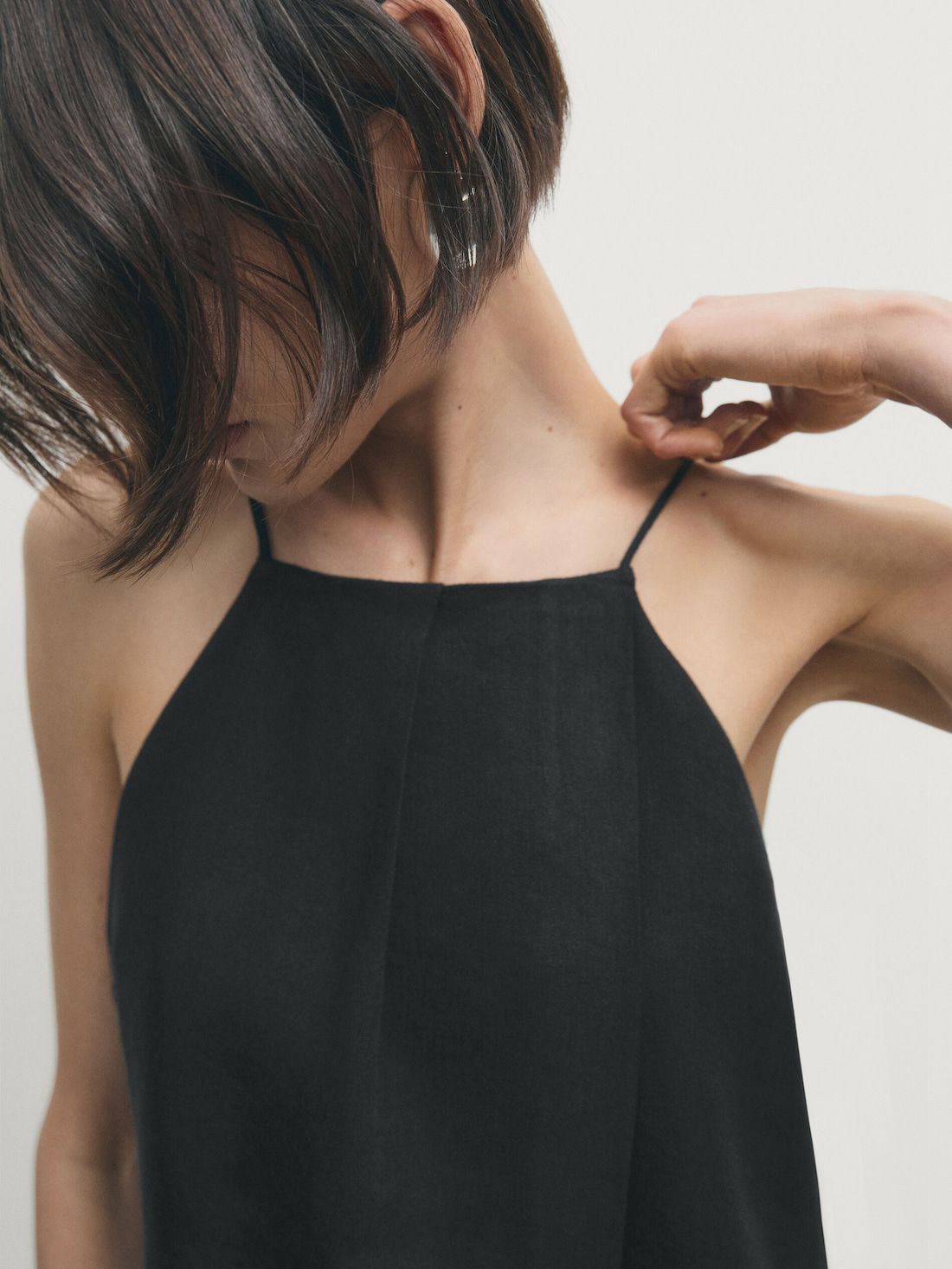 Massimo Dutti Linen Blend Strappy Women Top Black | US-NF4936250
