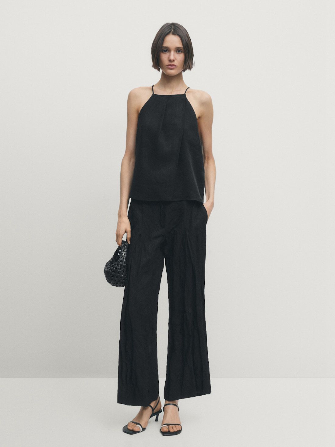 Massimo Dutti Linen Blend Strappy Women Top Black | US-NF4936250