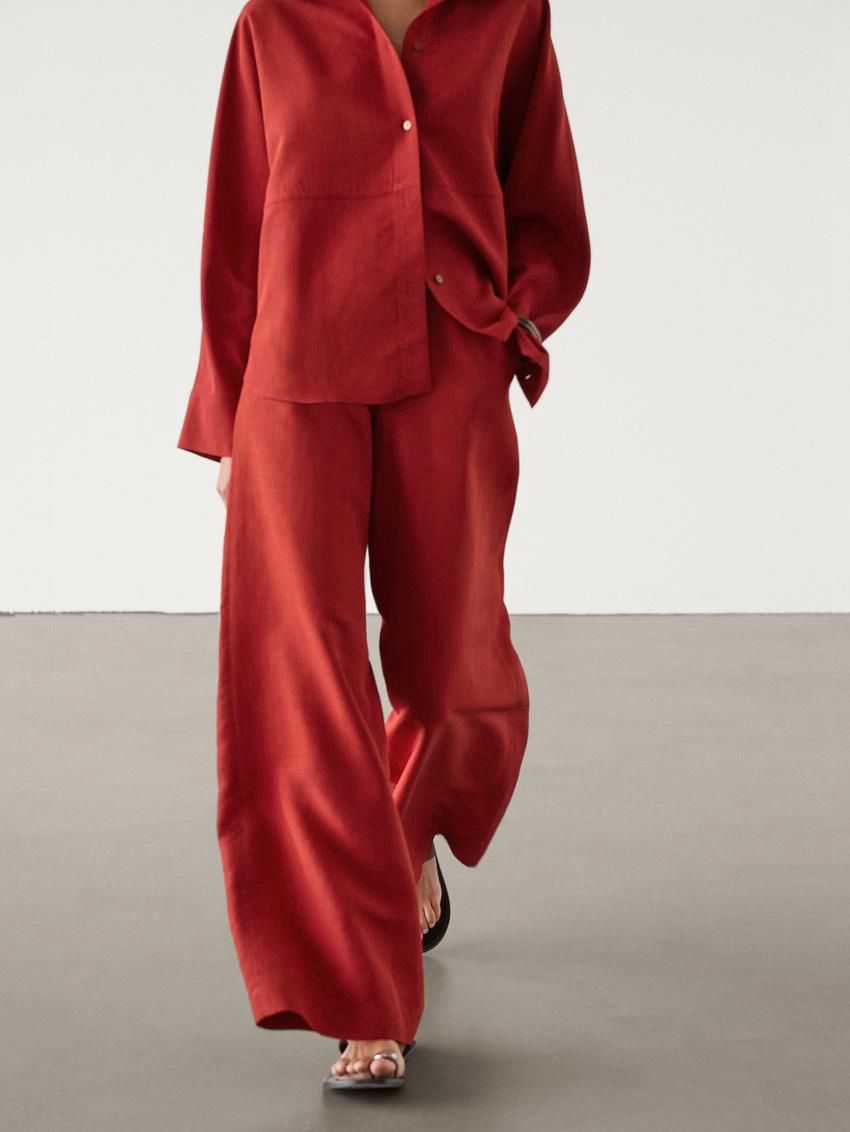 Massimo Dutti Linen Blend Wide-leg Co-ord Women Trousers Red | US-AI6853721