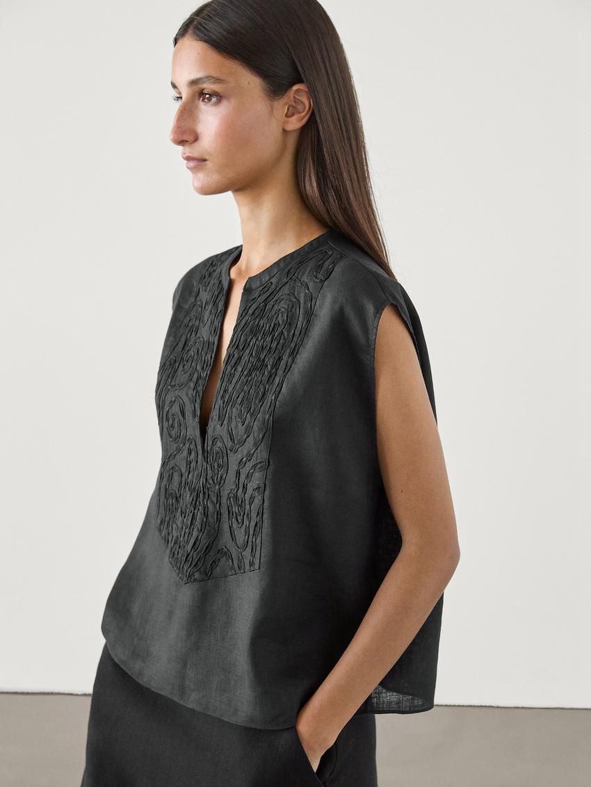 Massimo Dutti Linen Blend With Front Embroidery Women Blouse Black | US-YO6385192