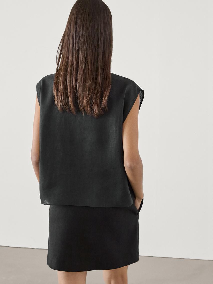 Massimo Dutti Linen Blend With Front Embroidery Women Blouse Black | US-YO6385192
