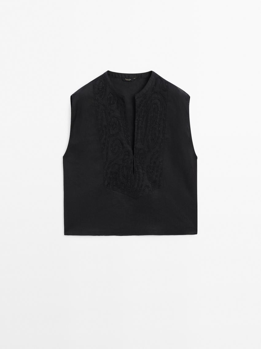 Massimo Dutti Linen Blend With Front Embroidery Women Blouse Black | US-YO6385192