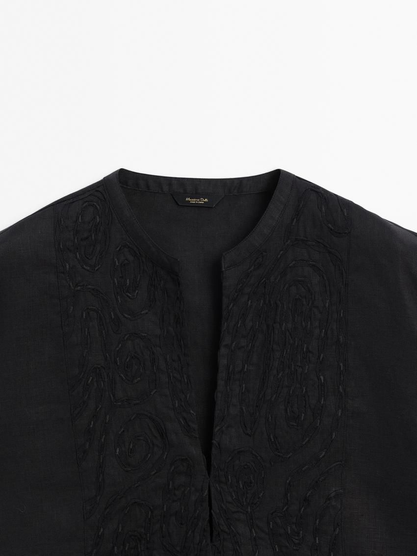 Massimo Dutti Linen Blend With Front Embroidery Women Blouse Black | US-YO6385192