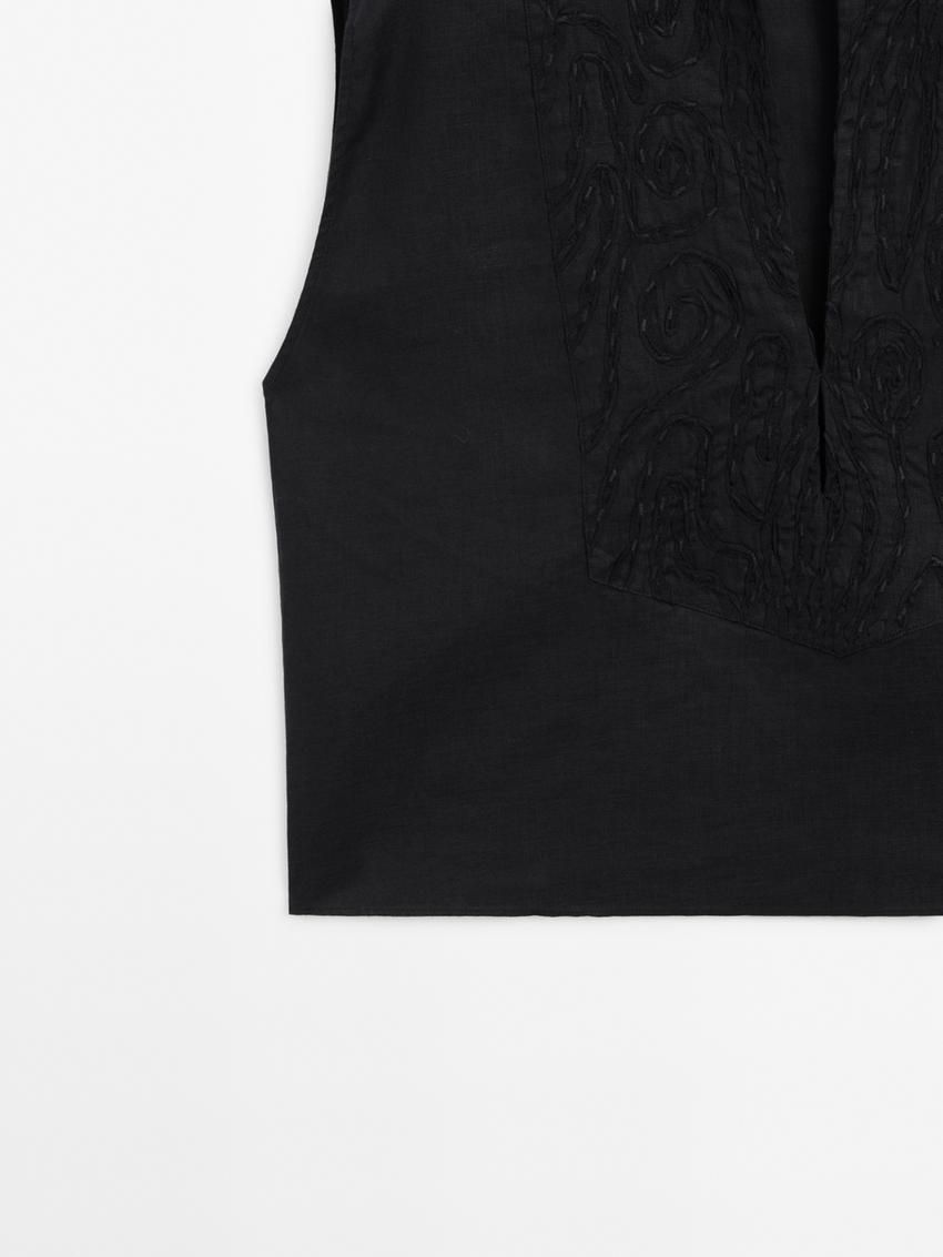 Massimo Dutti Linen Blend With Front Embroidery Women Blouse Black | US-YO6385192