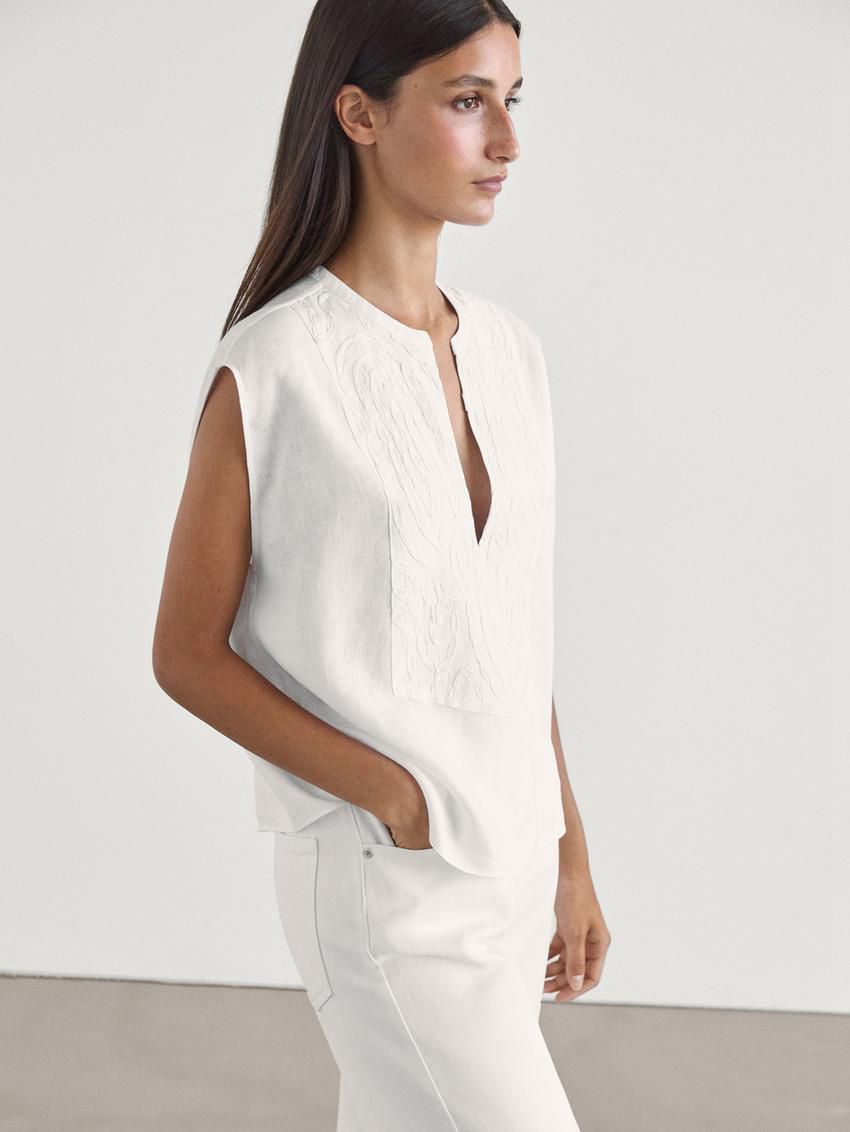 Massimo Dutti Linen Blend With Front Embroidery Women Blouse White | US-CG3270986