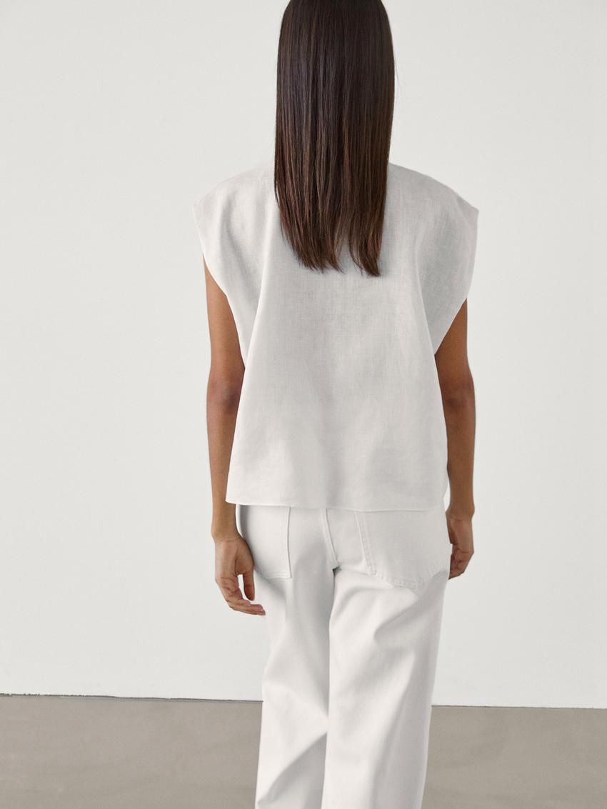 Massimo Dutti Linen Blend With Front Embroidery Women Blouse White | US-CG3270986