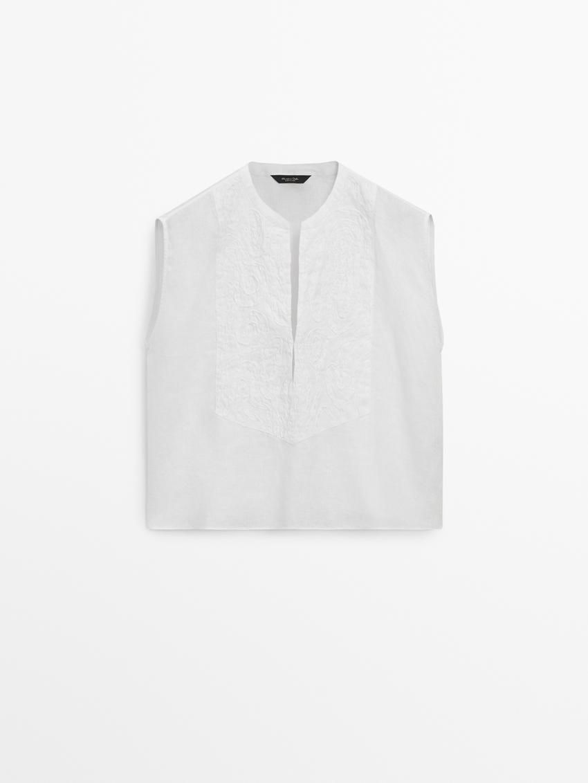 Massimo Dutti Linen Blend With Front Embroidery Women Blouse White | US-CG3270986