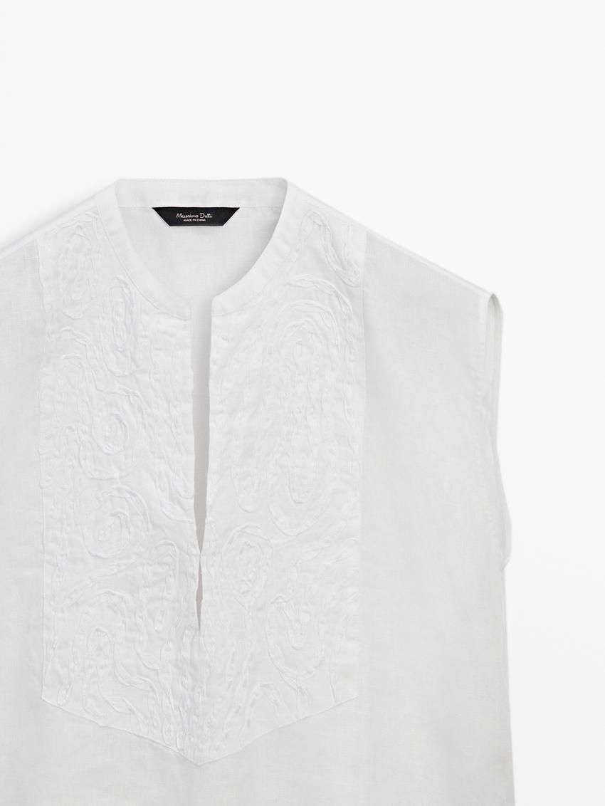 Massimo Dutti Linen Blend With Front Embroidery Women Blouse White | US-CG3270986
