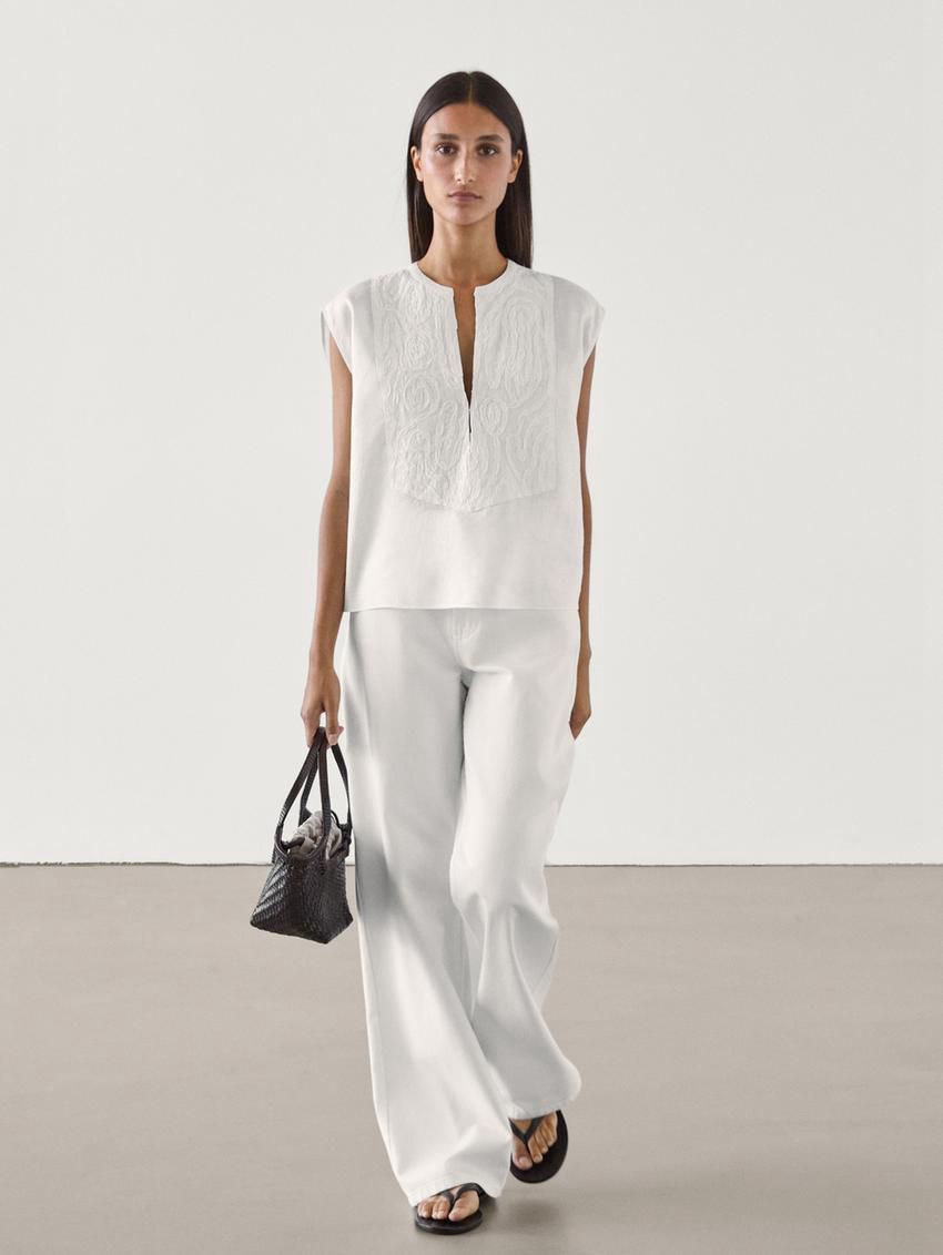 Massimo Dutti Linen Blend With Front Embroidery Women Blouse White | US-CG3270986