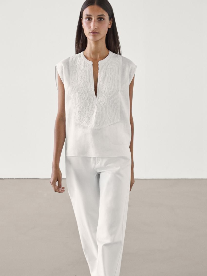 Massimo Dutti Linen Blend With Front Embroidery Women Blouse White | US-CG3270986