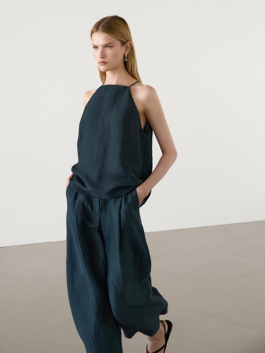 Massimo Dutti Linen Blend With Open Back Women Top Dark Green | US-KT8795102