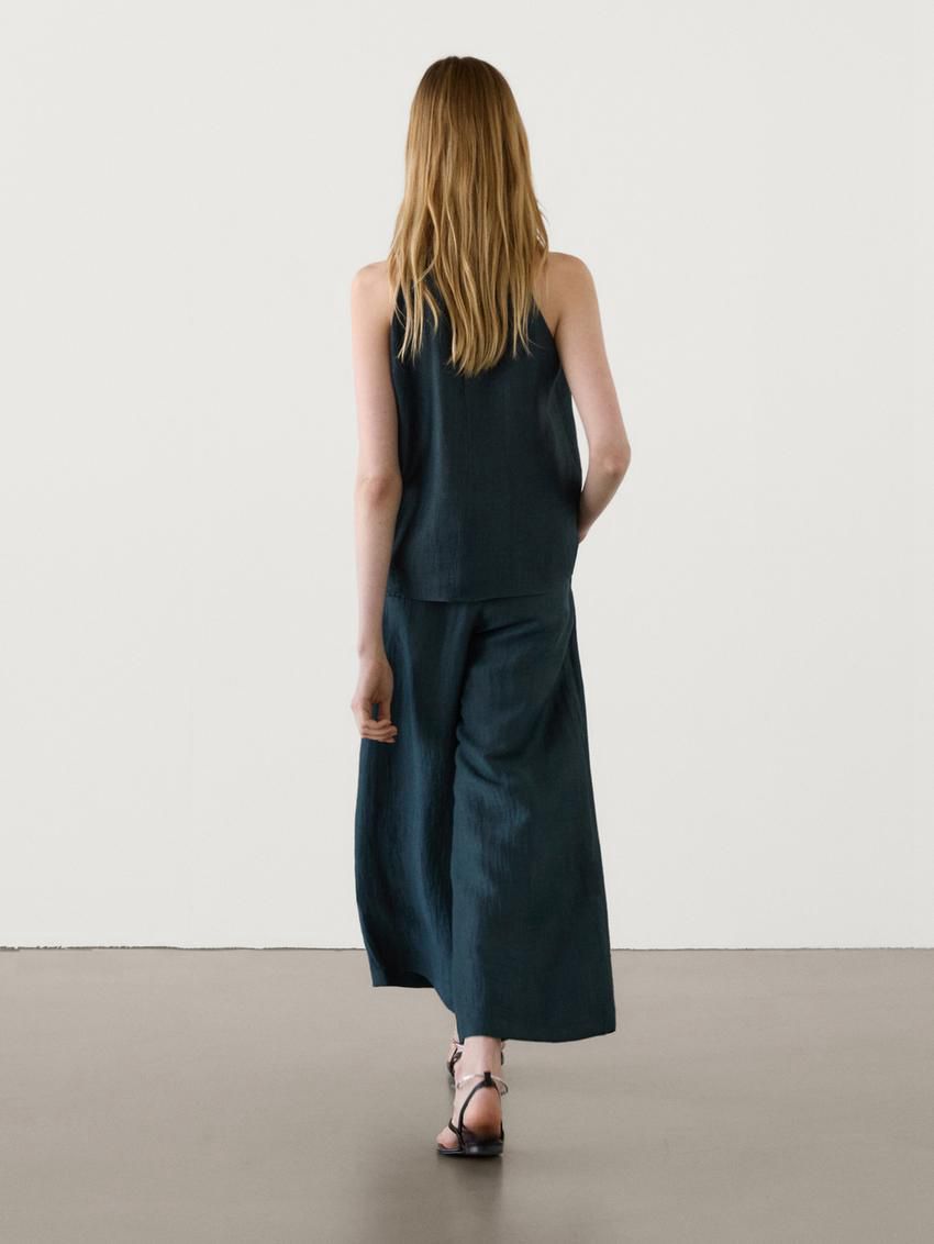 Massimo Dutti Linen Blend With Open Back Women Top Dark Green | US-KT8795102