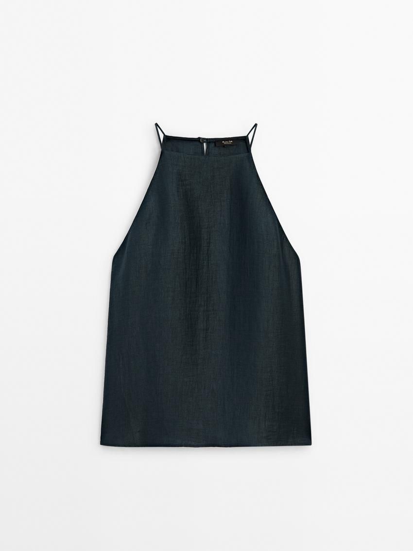 Massimo Dutti Linen Blend With Open Back Women Top Dark Green | US-KT8795102