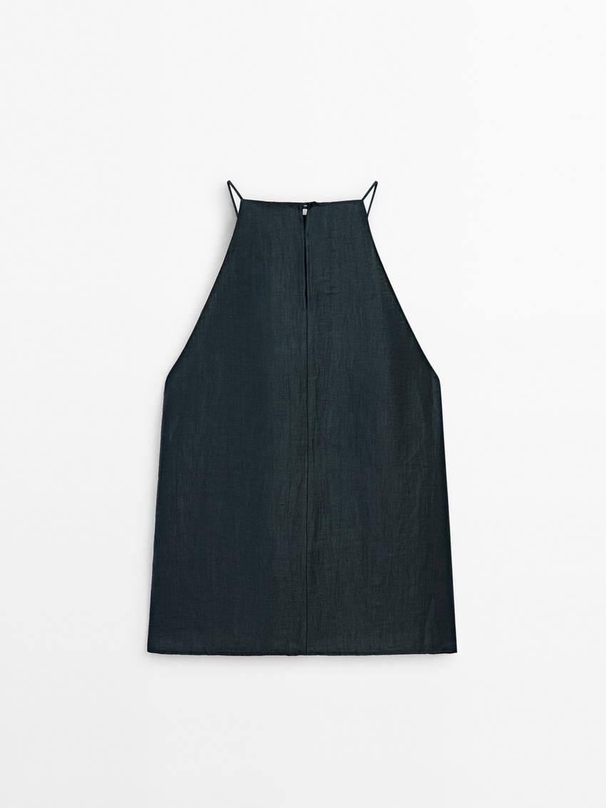 Massimo Dutti Linen Blend With Open Back Women Top Dark Green | US-KT8795102