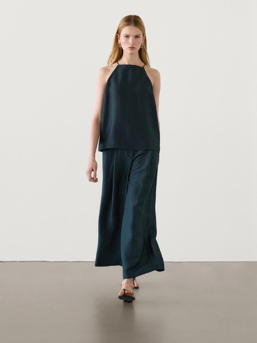 Massimo Dutti Linen Blend With Open Back Women Top Dark Green | US-KT8795102