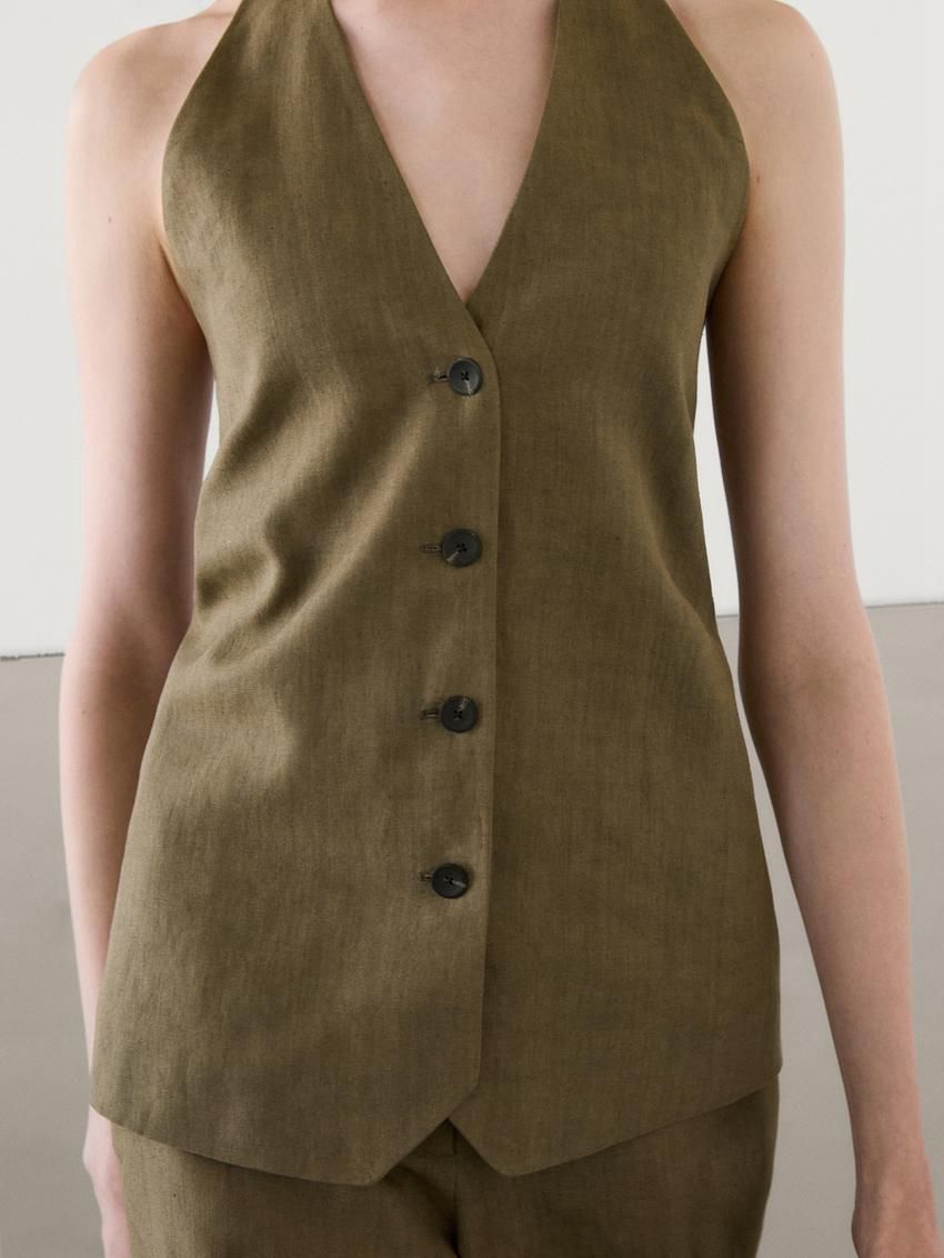 Massimo Dutti Linen Halterneck Co-ord Women Vest Olive | US-AJ1589634