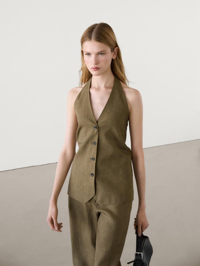 Massimo Dutti Linen Halterneck Co-ord Women Vest Olive | US-AJ1589634