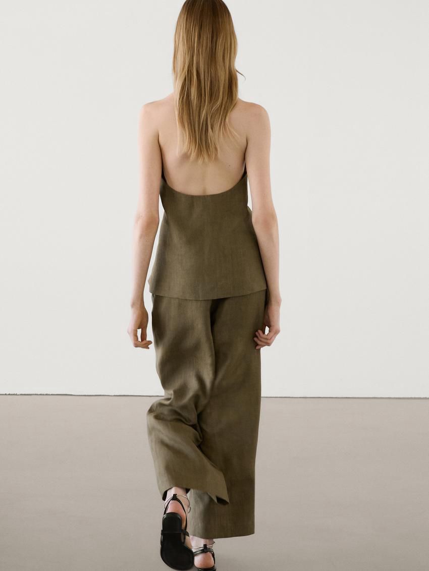 Massimo Dutti Linen Halterneck Co-ord Women Vest Olive | US-AJ1589634