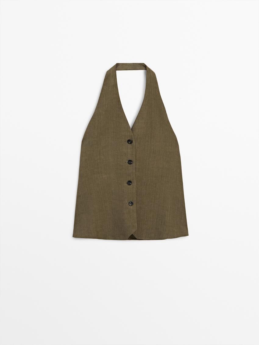 Massimo Dutti Linen Halterneck Co-ord Women Vest Olive | US-AJ1589634