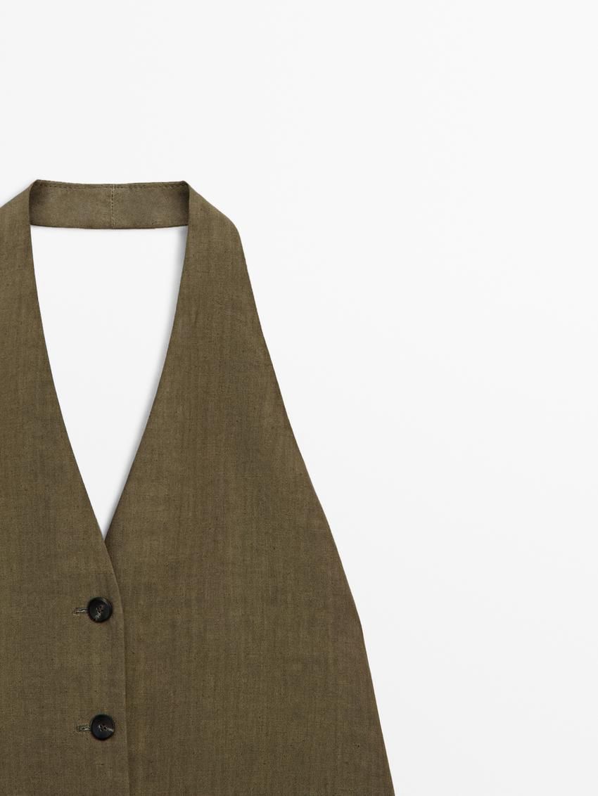Massimo Dutti Linen Halterneck Co-ord Women Vest Olive | US-AJ1589634