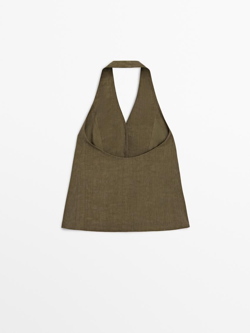 Massimo Dutti Linen Halterneck Co-ord Women Vest Olive | US-AJ1589634