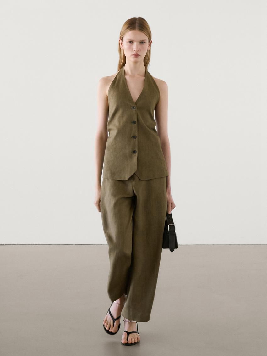 Massimo Dutti Linen Halterneck Co-ord Women Vest Olive | US-AJ1589634
