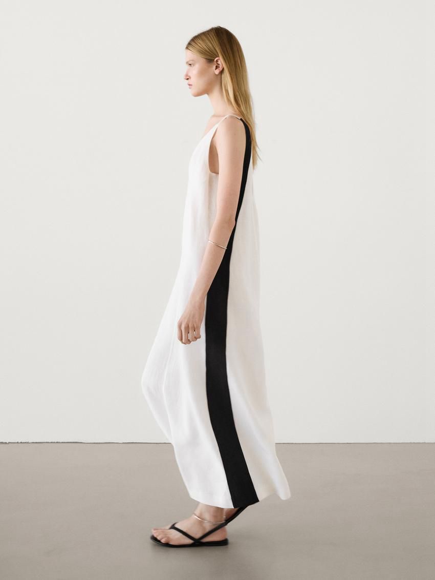 Massimo Dutti Linen Long With Contrast Piping Women Dress White | US-AN7914835