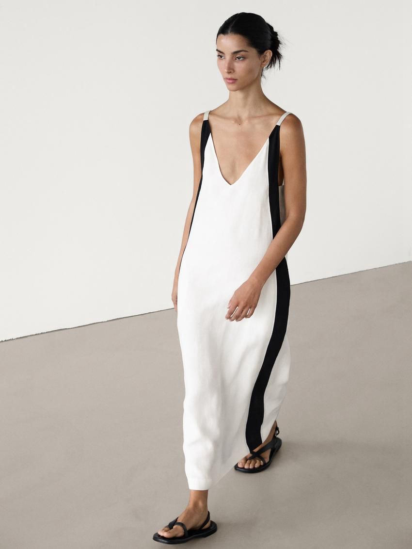 Massimo Dutti Linen Long With Contrast Piping Women Dress White | US-AN7914835