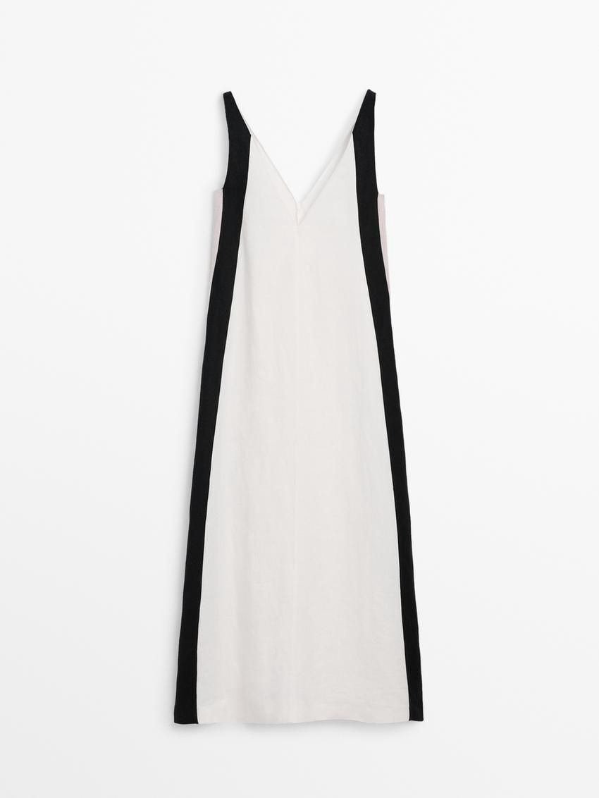 Massimo Dutti Linen Long With Contrast Piping Women Dress White | US-AN7914835