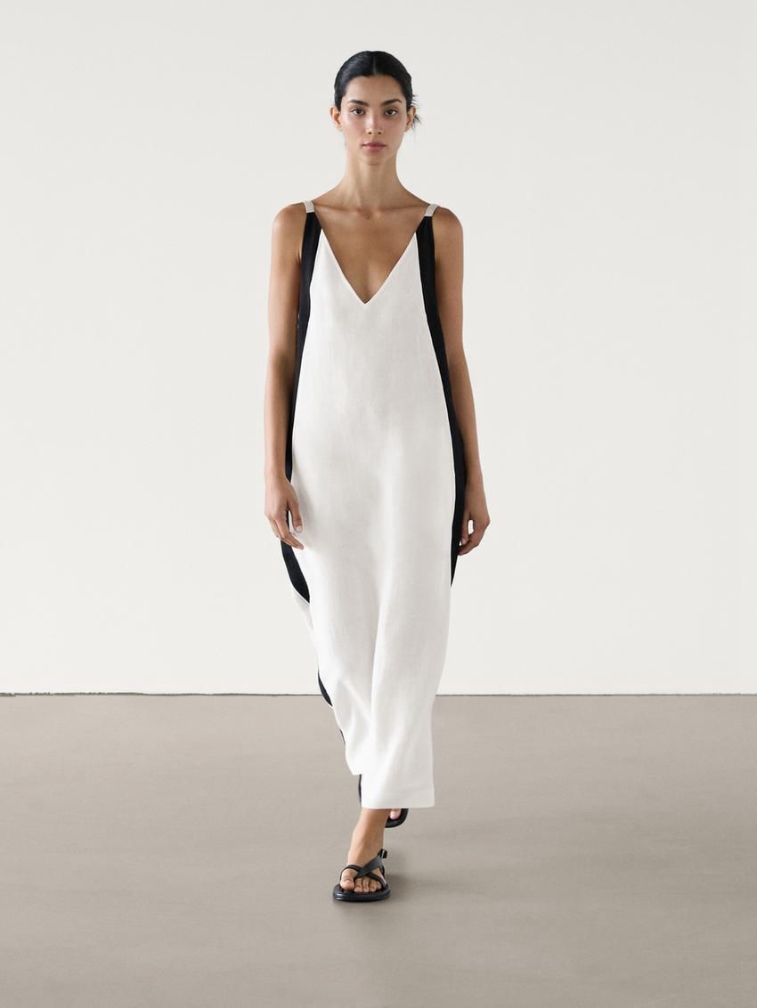 Massimo Dutti Linen Long With Contrast Piping Women Dress White | US-AN7914835