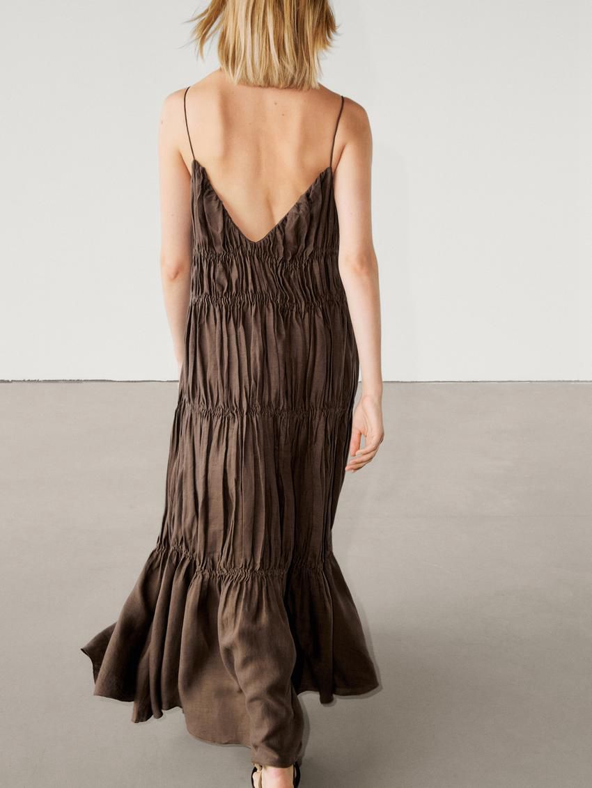 Massimo Dutti Linen Long With Gathered Detail Women Dress Chocolate | US-QH9637041