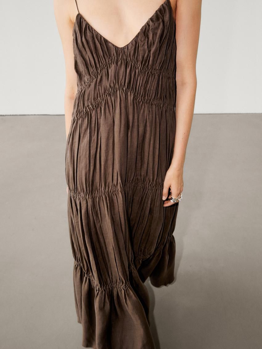 Massimo Dutti Linen Long With Gathered Detail Women Dress Chocolate | US-QH9637041
